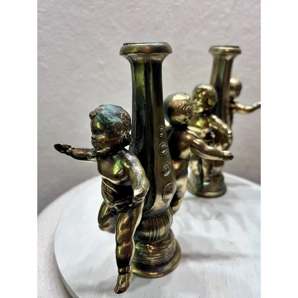 Vintage Cherub Brass Tone Candle Holder Pair Ornate Putti Neoclassical Decor Set